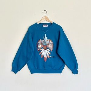Vintage 90s Arizona Cactus Feather Native Southwestern Teal Sweatshirt Adult L